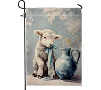 Graziosa bandiera da giardino con agnello primaverile, pecora blu pastello con vaso, decorazione per esterni, striscione da cortile in tessuto su entrambi i lati, accenti per la casa in stile fattoria
