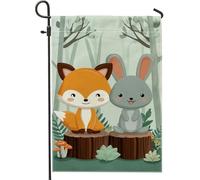 Graziosa bandiera da giardino con amici della foresta, decorazione per esterni con volpe arancione e coniglietto, striscione in iuta su entrambi i lati, per decorazione primaverile ed estate, 30,5 x
