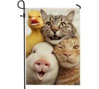 Graziosa bandiera da giardino con animali amici, gatto giallo, anatra, maiale, coniglio, decorazione per esterni, striscione in iuta su entrambi i lati, per la primavera e l'estate, decorazione per