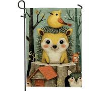 Graziosa bandiera da giardino con animali del bosco, riccio giallo e uccello, bandiera decorativa per la casa, bandiera da cortile in iuta su entrambi i lati, per decorazione primaverile all'aperto