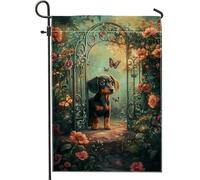 Graziosa bandiera da giardino con bassotto, striscione floreale colorato con farfalla da cortile, decorazione per esterni primaverile su entrambi i lati, decorazione per prato per la casa, 30,5 x 45,7