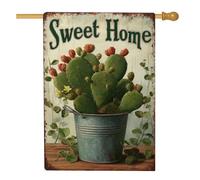 Graziosa bandiera da giardino con cactus dolce casa, pianta di fico d'india verde, striscione decorativo per primavera estate all'aperto, decorazione per prato, bandiera da cortile in stile rustico su