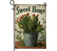 Graziosa bandiera da giardino con cactus dolce casa, pianta di fico d'india verde, striscione decorativo per primavera estate decorazione per prato all'aperto, bandiera da cortile in stile rustico su