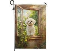 Graziosa bandiera da giardino con cane Bichon Frise, bandiera bianca con animali per la primavera e l'estate, bandiera da cortile in iuta su entrambi i lati per la decorazione del prato 30,5 x 45,7 cm