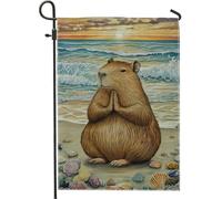 Graziosa bandiera da giardino con capibara, decorazione oceanica con tramonto costiero, striscione decorativo su entrambi i lati, in iuta, decorazione estiva per esterni, 30,5 x 45,7 cm