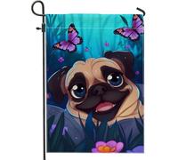 Graziosa bandiera da giardino con carlino dei cartoni animati, striscione per esterni con farfalla blu, bandiera decorativa su entrambi i lati per la primavera e l'estate, decorazione per prato 30,5 x
