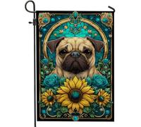 Graziosa bandiera da giardino con carlino, striscione floreale con girasole color foglia di tè, decorazione per esterni su entrambi i lati per primavera ed estate, decorazione per la casa degli amanti