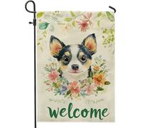 Graziosa bandiera da giardino con chihuahua, decorazione floreale colorata per la casa e per esterni, decorazione a molla in iuta su entrambi i lati, per cortile e portico, 30,5 x 45,7 cm