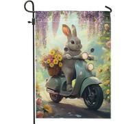 Graziosa bandiera da giardino con coniglietto che cavalca uno scooter, striscione floreale primaverile pastello, decorazione per la casa all'aperto su entrambi i lati per la festa di Pasqua, design