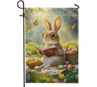 Graziosa bandiera da giardino con coniglietto che legge la primavera, decorazione estiva e boschiva, bandiera colorata a doppia faccia per la decorazione del prato all'aperto 30,5 x 45,7 cm
