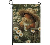 Graziosa bandiera da giardino con coniglietto, coniglio marrone con cappello di paglia, decorazione floreale per esterni, decorazione a molla in iuta su entrambi i lati, per prato e giardino, 30,5 x
