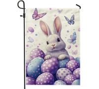 Graziosa bandiera da giardino con coniglio, uova di Pasqua a pois viola, decorazione primaverile per esterni, bandiera per prato su entrambi i lati per la decorazione della casa, 30,5 x 45,7 cm