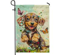 Graziosa bandiera da giardino con cuccioli, bandiera colorata con cane e farfalla, decorazione per esterni, in tessuto su entrambi i lati, per la decorazione del prato e della casa, 30,5 x 45,7 cm
