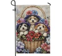 Graziosa bandiera da giardino con cuccioli, decorazione floreale colorata per cani per primavera/estate, bandiera da cortile in iuta su entrambi i lati, per decorazione esterna del prato, 30,5 x 45,7