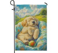 Graziosa bandiera da giardino con cuccioli dorati, decorazione per esterni con cani colorati e palloni da calcio, striscione in iuta a tema primavera estiva per decorazione da cortile, 30,5 x 45,7 cm