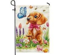 Graziosa bandiera da giardino con cuccioli, giallo giocoso cane farfalla decorazione per prato esterno primavera estate animale a tema cortile, decorazione da giardino in tessuto su entrambi i lati
