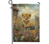 Graziosa bandiera da giardino con cucciolo di leone, fiori selvatici gialli decorazione da giardino striscione da giardino, bandiera da giardino in iuta su entrambi i lati, decorazione per esterni