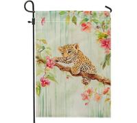 Graziosa bandiera da giardino con cucciolo di leopardo, decorazione colorata con animali selvatici per prato primaverile all'aperto, striscione floreale su entrambi i lati per uso domestico e giardino