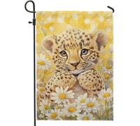 Graziosa bandiera da giardino con cucciolo di leopardo, decorazione floreale per esterni, decorazione per esterni su entrambi i lati, striscione per primavera estate e cortile, decorazione per la casa