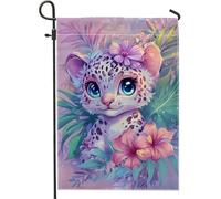 Graziosa bandiera da giardino con cucciolo di leopardo, decorazione floreale viola, bandiera da giardino per primavera estate all'aperto, bandiera su entrambi i lati per feste in casa, camera dei