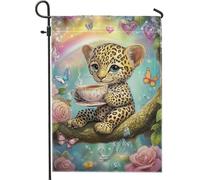 Graziosa bandiera da giardino con cucciolo di leopardo, striscione decorativo per esterni con animali colorati, decorazione stagionale su entrambi i lati, perfetta per feste primaverili ed estive