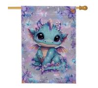 Graziosa bandiera da giardino con drago blu, motivo floreale primaverile ed estivo, decorazione per esterni, striscione su entrambi i lati per decorazione del prato, adorabile accessorio per la camera