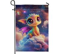 Graziosa bandiera da giardino con drago colorato, motivo arcobaleno con nuvole fantasia, decorazione per la casa e il prato, bandiera su entrambi i lati in iuta per esterni, decorazione per feste per