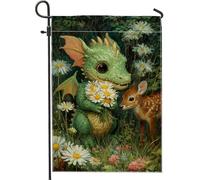 Graziosa bandiera da giardino con drago verde, margherite floreali primaverili, decorazione per la casa e per esterni, decorazione per prato in iuta su entrambi i lati, stile fiaba, decorazione per