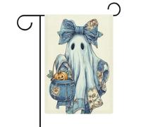 Graziosa bandiera da giardino con fantasma blu denim zucca secchio bandiera stagionale vacanza iuta doppia faccia casa cortile bandiere esterne 30,5 x 45,7 cm