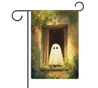 Graziosa bandiera da giardino con fantasma che sbircia una vecchia finestra da giardino, in iuta su entrambi i lati, 30,5 x 45,7 cm