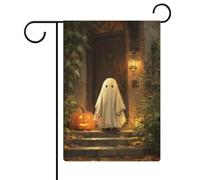 Graziosa bandiera da giardino con fantasma in vesti bianche, bandiera da giardino, vacanze stagionali, juta, doppia faccia, bandierine per esterni, 30,5 x 45,7 cm