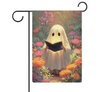 Graziosa bandiera da giardino con fantasmi che leggono nel giardino fiorito, vacanze stagionali, juta, doppia faccia, bandierine per esterni, 30,5 x 45,7 cm