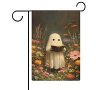 Graziosa bandiera da giardino con fantasmi che leggono nel giardino fiorito, vacanze stagionali, juta, doppia faccia, bandierine per esterni, 30,5 x 45,7 cm