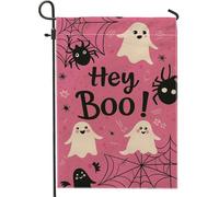 Graziosa bandiera da giardino con fantasmi di pesca, Hey Boo! Banner decorativo per Halloween, bandiera da cortile in iuta su entrambi i lati, per decorazione esterna del prato, 30,5 x 45,7 cm