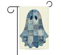 Graziosa bandiera da giardino con fantasmi patchwork in denim per vacanze stagionali su entrambi i lati, 30,5 x 45,7 cm