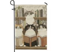 Graziosa bandiera da giardino con gattini che leggono il gatto, pelliccia marrone con occhiali, decorazione da giardino, bandiera in iuta su entrambi i lati per casa e cortile, decorazione stagionale