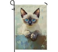Graziosa bandiera da giardino con gattino, con occhi azzurri e gatto bianco, decorazione per esterni, in iuta su entrambi i lati, decorazione per la casa a tema animale, 30,5 x 45,7 cm