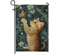 Graziosa bandiera da giardino con gattino, gatto soriano arancione con farfalla, decorazione per esterni, striscione primaverile stagionale per prato, decorazione da cortile in iuta su entrambi i lati