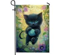 Graziosa bandiera da giardino con gattino nero, incantevole design a sfera in filato verde per decorazione esterna primaverile estate e esterni, bandiera decorativa da cortile su entrambi i lati, per
