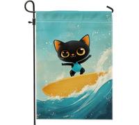 Graziosa bandiera da giardino con gatto che fa surf, decorazione per esterni con onde blu dell'oceano, bandiera stagionale su entrambi i lati per prato per l'estate, decorazione per la casa per gli
