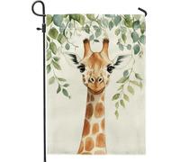 Graziosa bandiera da giardino con giraffa stagionale, giraffa marrone chiaro con foglie verdi, decorazione per esterni su entrambi i lati, bandiera per prato in iuta a tema natura, decorazione per la