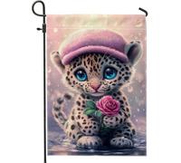 Graziosa bandiera da giardino con leopardo di pesca, adorabile striscione artistico per cortile, decorazione per esterni primaverile ed estate, bandiera su entrambi i lati per casa e giardino, design