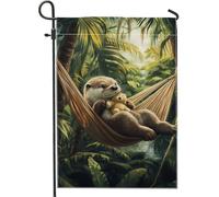 Graziosa bandiera da giardino con lontra tropicale, decorazione verde giungla con colori tenui, striscione estivo per la casa all'aperto, bandiera a doppio lato con animali carini per decorare il