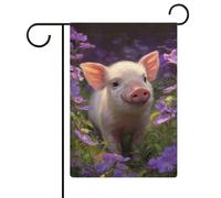 Graziosa bandiera da giardino con maialino nei fiori viola, per vacanze stagionali, in iuta, double face, per casa, cortile, esterni, 30,5 x 45,7 cm