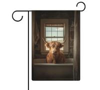 Graziosa bandiera da giardino con mucca delle Highland nella vasca da bagno, in iuta su entrambi i lati, 30,5 x 45,7 cm