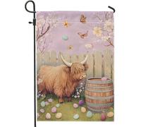 Graziosa bandiera da giardino con mucca delle Highland, uova di Pasqua viola, farfalle decorazione primaverile, bandiera in iuta su entrambi i lati per decorazione esterna del prato 30,5 x 45,7 cm