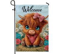 Graziosa bandiera da giardino con mucca delle Highland, vitello marrone con fiori, decorazione per la casa, bandiera da cortile in iuta su entrambi i lati, per primavera estate e decorazione per