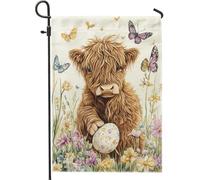 Graziosa bandiera da giardino con mucca delle Highlands, decorazione floreale primaverile marrone, bandiera a farfalla su entrambi i lati, per esterni, decorazione pasquale per prato, 30,5 x 45,7 cm