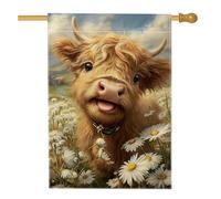 Graziosa bandiera da giardino con mucca marrone, decorazione floreale a margherita per prato esterno primaverile estate, striscione in iuta su entrambi i lati per la decorazione della casa e delle