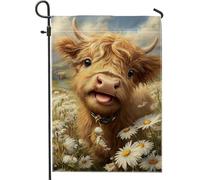 Graziosa bandiera da giardino con mucca marrone, decorazione floreale a margherita per prato esterno primaverile estate, striscione in iuta su entrambi i lati per la decorazione della casa e delle